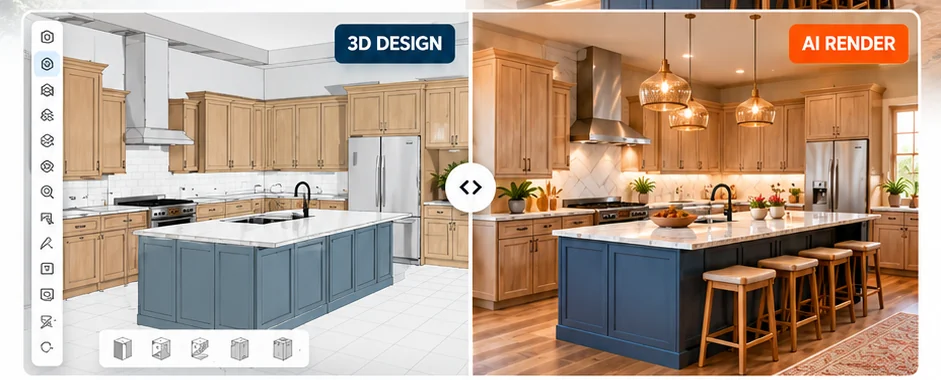 Before and after comparison of CabinetCNCPro 3D design and photoreal AI rendering