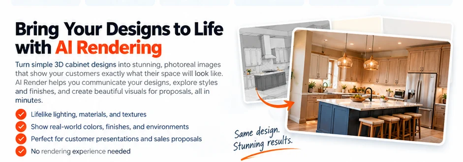 CabinetCNCPro 3D design transformed into a realistic kitchen presentation