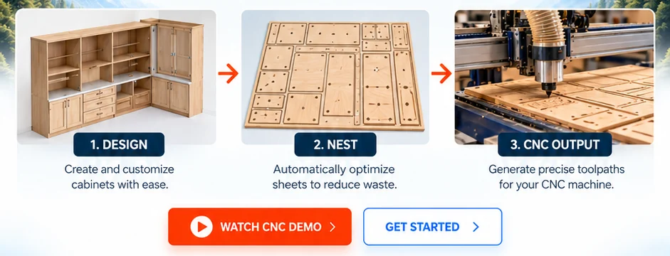 Cabinet design to nesting to CNC production workflow