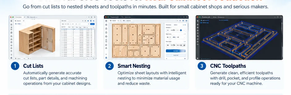 CabinetCNCPro cut list, nesting and toolpath workflow