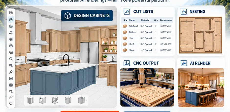 CabinetCNCPro feature overview with cabinet design, cut lists, nesting, CNC output and AI rendering