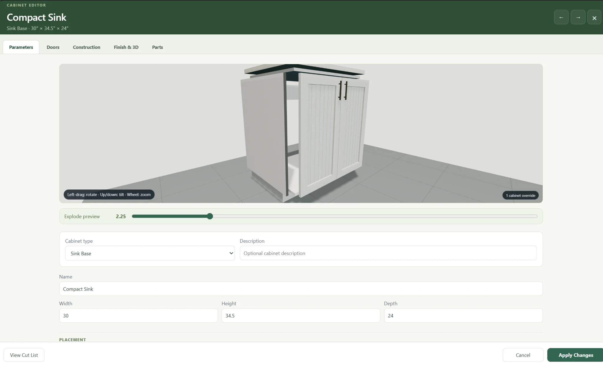 Current CabinetCNCPro cabinet editor showing the exploded cabinet view