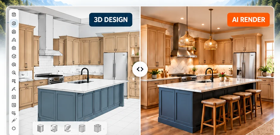 CabinetCNCPro 3D kitchen design compared with photoreal AI rendering on the homepage