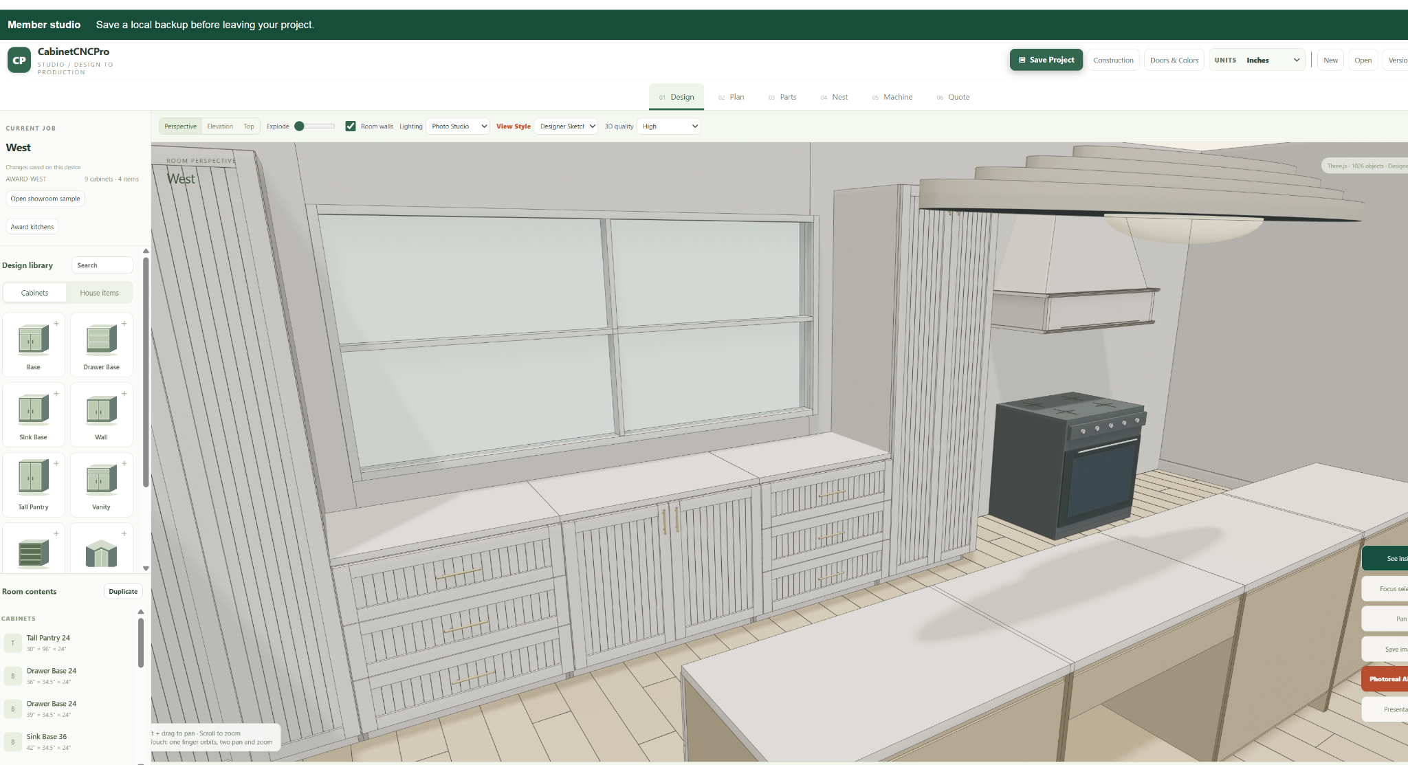 Real CabinetCNCPro studio design view showing a kitchen project in 3D